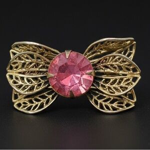 Vintage Gold Tone Filigree Bow Brooch/Pin  Pink Rhinestone Center Mid Century